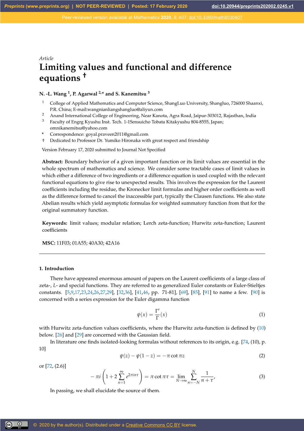 Limiting Values and Functional and Difference Equations †