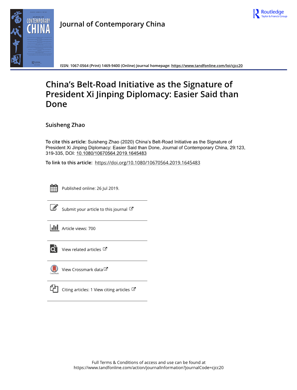 China's Belt-Road Initiative As the Signature of President Xi Jinping