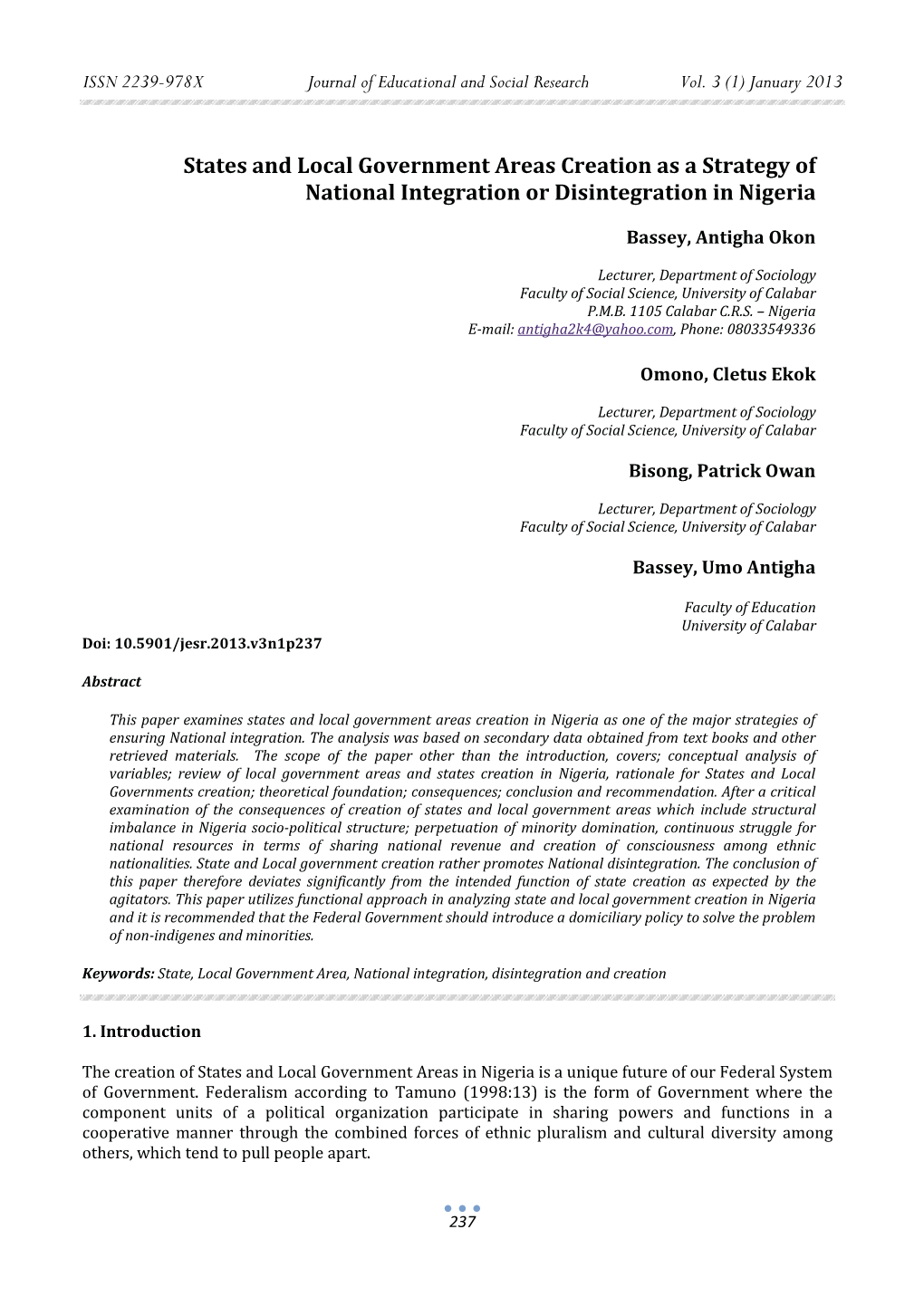 States and Local Government Areas Creation As a Strategy of National Integration Or Disintegration in Nigeria