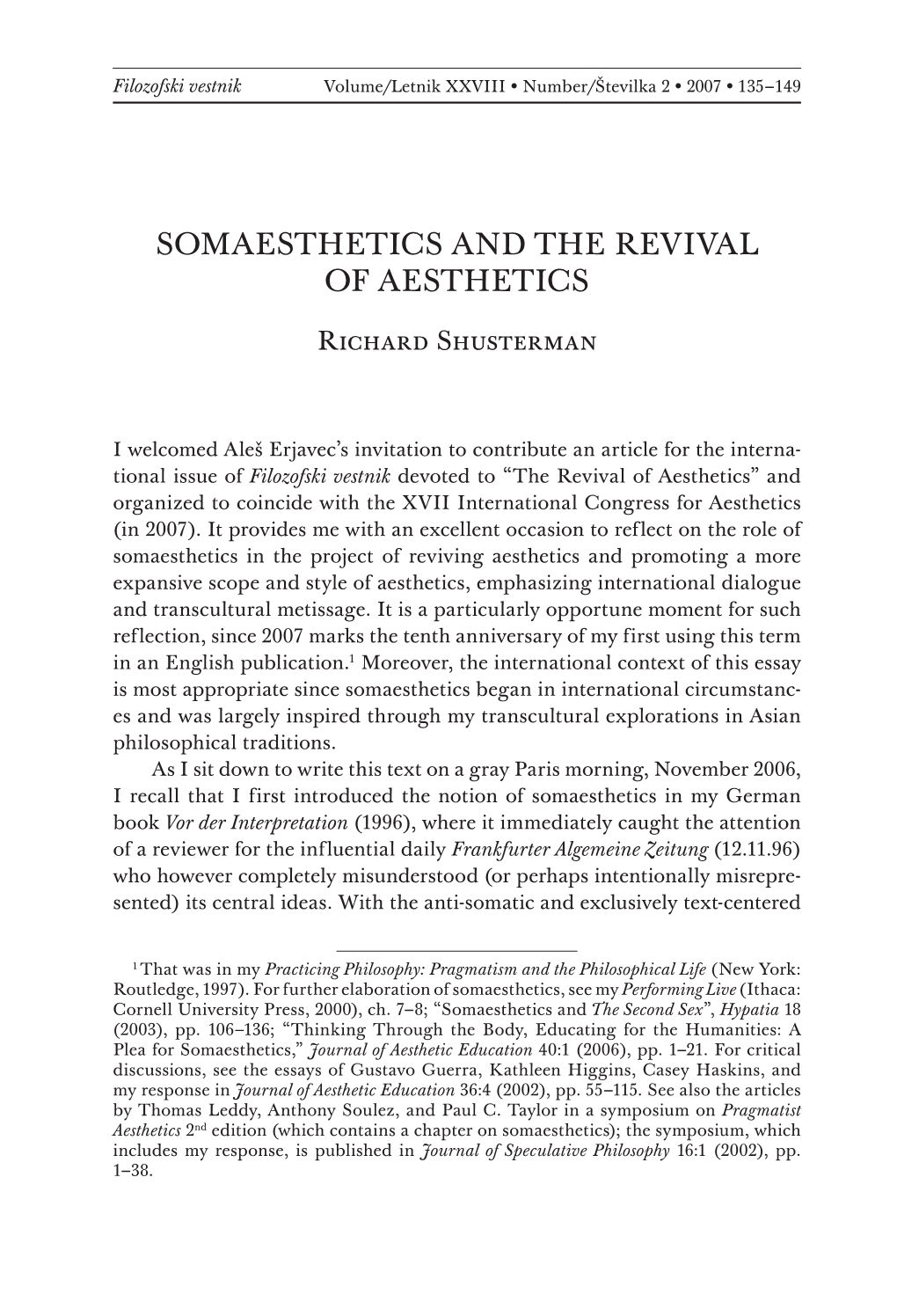 Somaesthetics and the Revival of Aesthetics