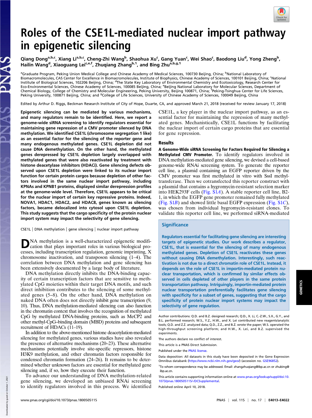 Roles of the CSE1L-Mediated Nuclear Import Pathway in Epigenetic