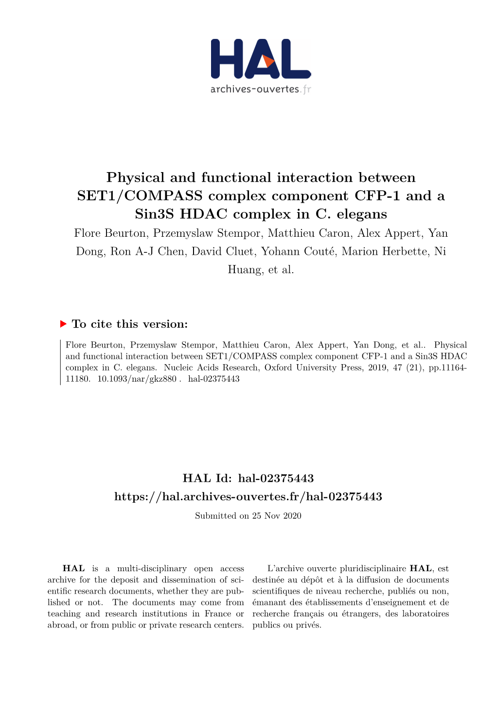 Physical and Functional Interaction Between SET1/COMPASS Complex Component CFP-1 and a Sin3s HDAC Complex in C. Elegans