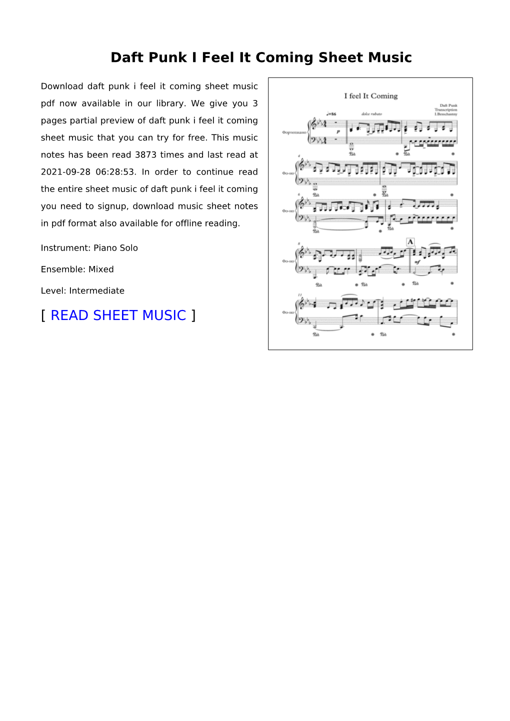 Daft Punk I Feel It Coming Sheet Music