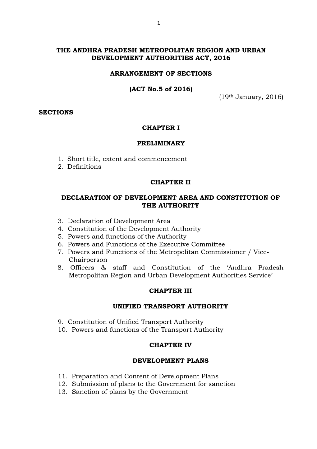 THE ANDHRA PRADESH METROPOLITAN REGION and URBAN DEVELOPMENT AUTHORITIES ACT, 2016 ARRANGEMENT of SECTIONS (ACT No.5 of 2016)