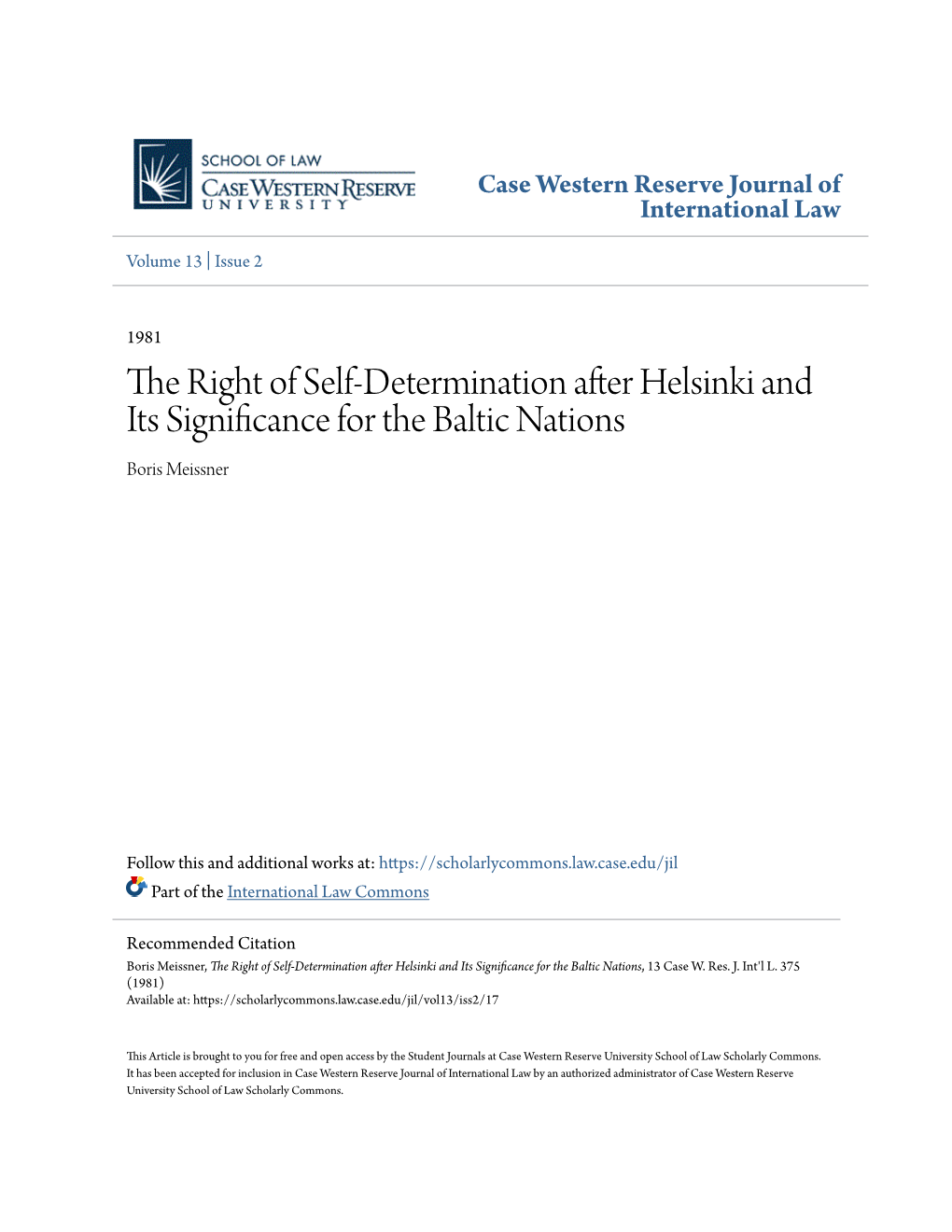 The Right of Self-Determination After Helsinki and Its Significance for the Baltic Nations Boris Meissner
