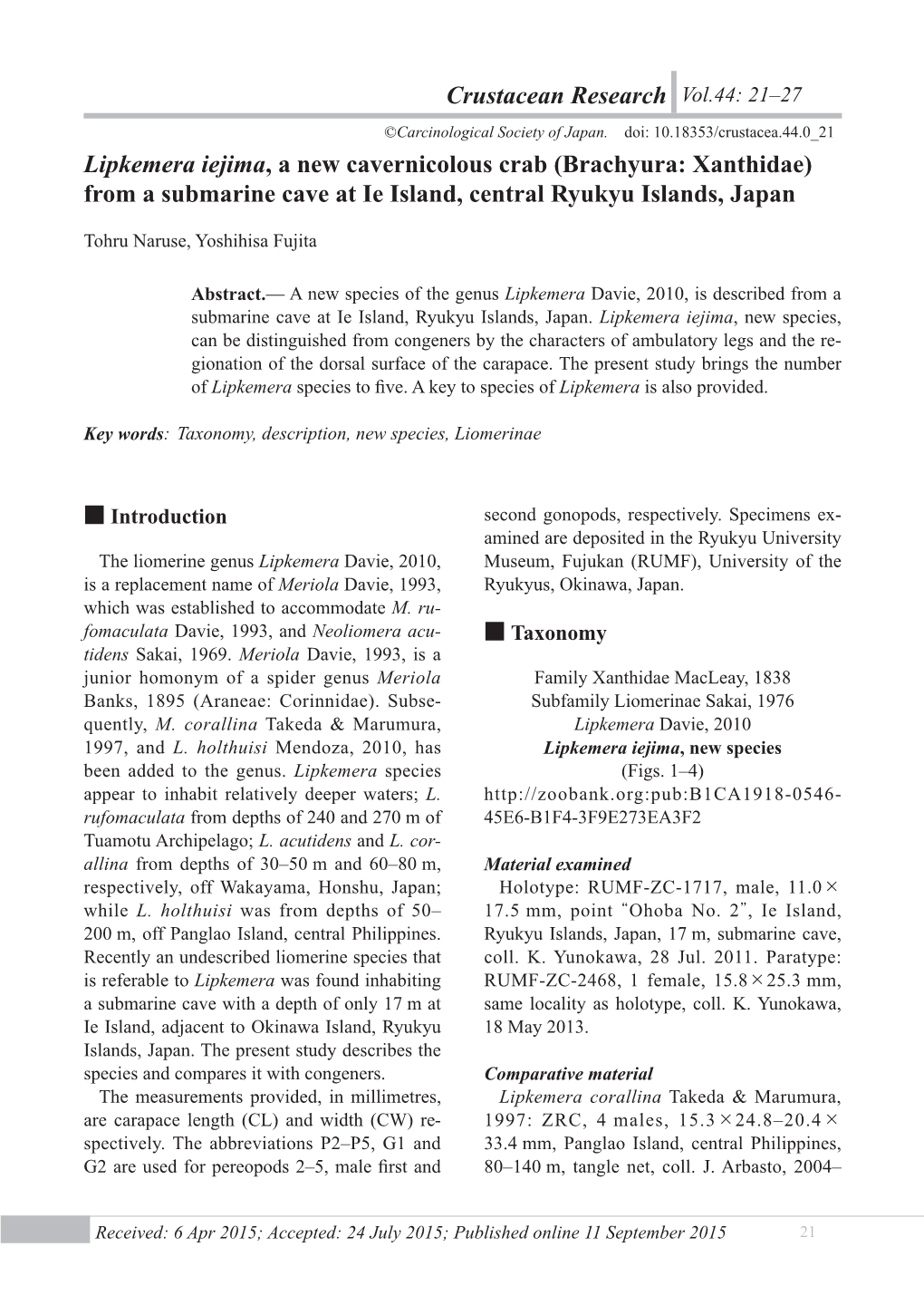 Crustacean Research 44 Crustacean Research 44 NEW CAVERNICOLOUS XANTHID CRAB from the RYUKYUS