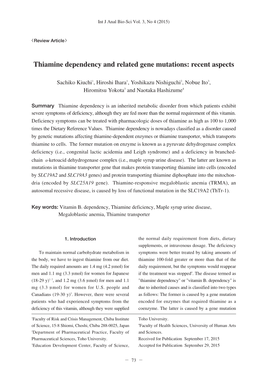 Thiamine Dependency and Related Gene Mutations: Recent Aspects