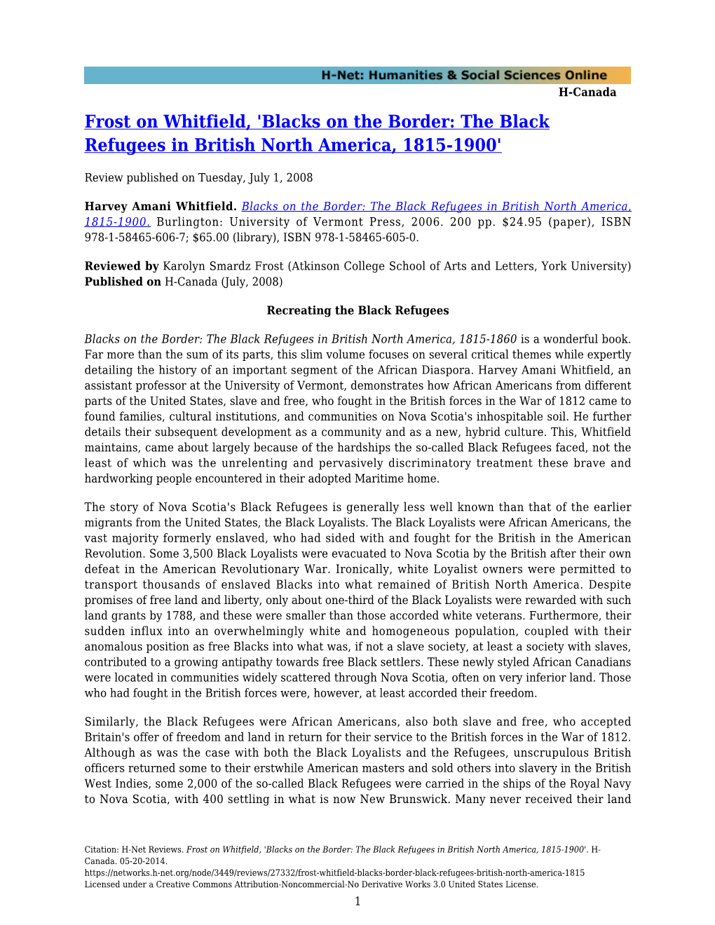 Blacks on the Border: the Black Refugees in British North America, 1815-1900'