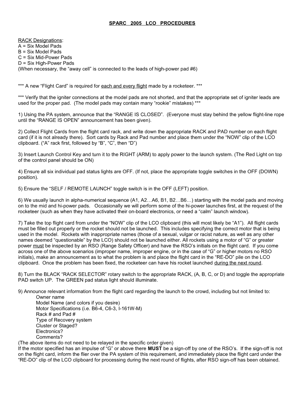 Sparc 2005 Lco Procedures