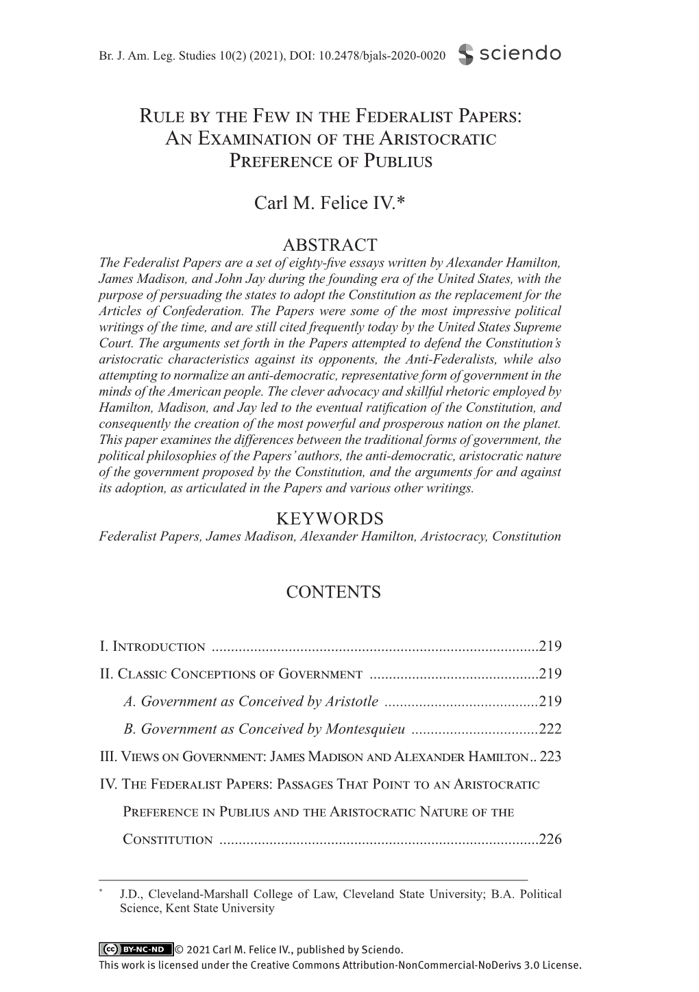 Rule by the Few in the Federalist Papers: an Examination of the Aristocratic Preference of Publius