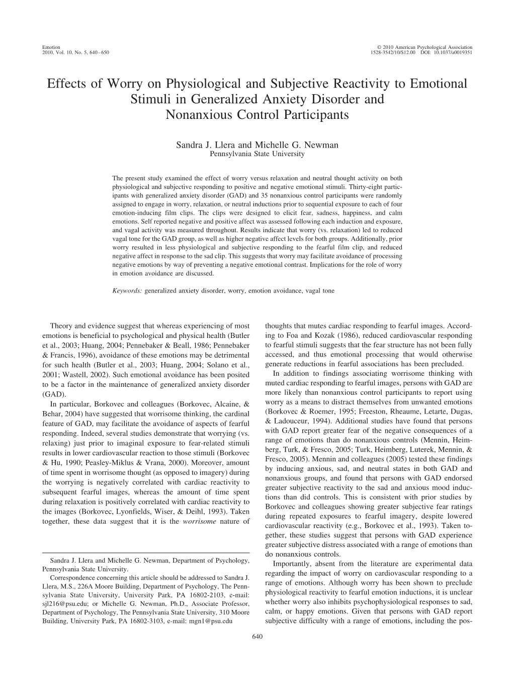 Effects of Worry on Physiological and Subjective Reactivity to Emotional Stimuli in Generalized Anxiety Disorder and Nonanxious Control Participants