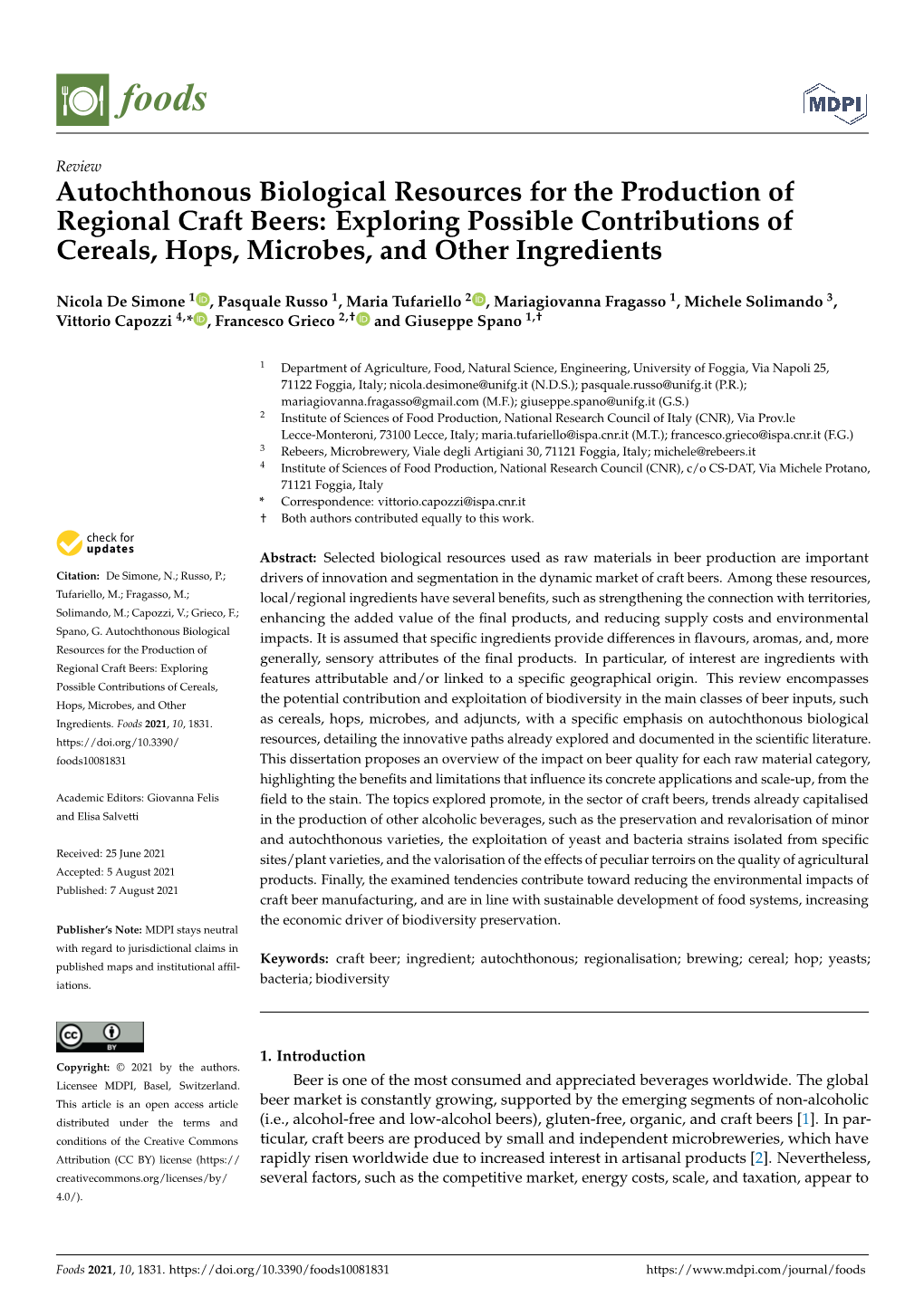 Autochthonous Biological Resources for the Production of Regional Craft Beers: Exploring Possible Contributions of Cereals, Hops, Microbes, and Other Ingredients