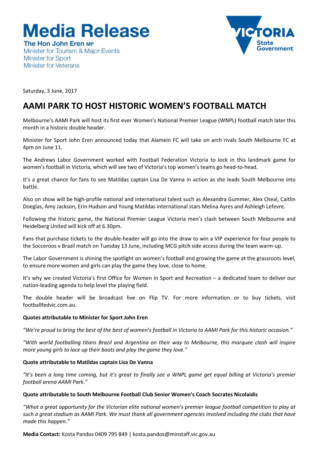 Aami Park to Host Historic Women's Football Match