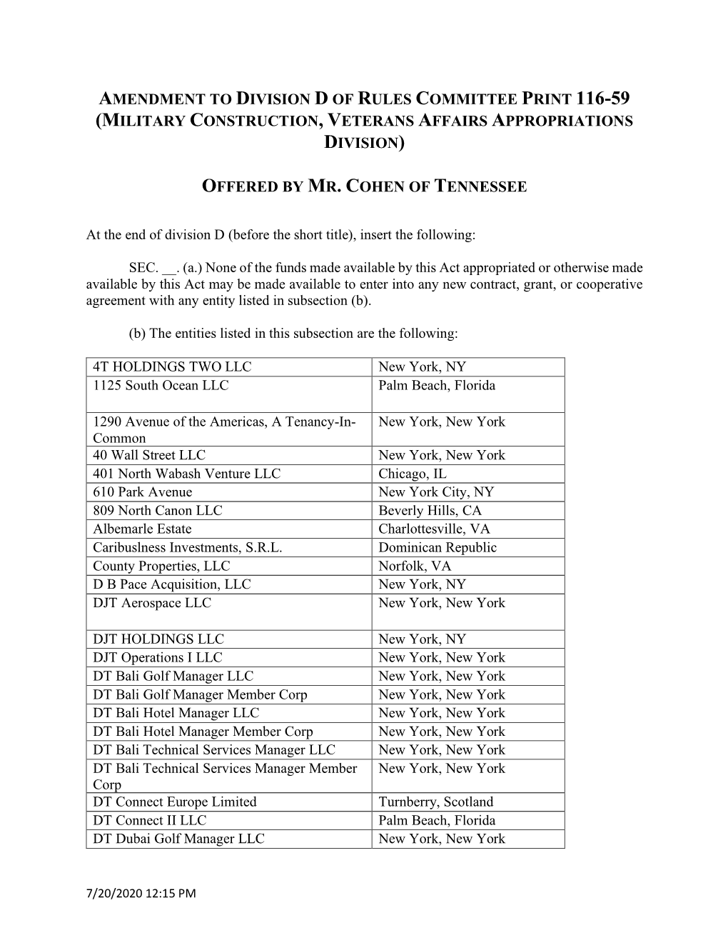 Amendment to Division D of Rules Committee Print 116-59 (Military Construction, Veterans Affairs Appropriations Division)