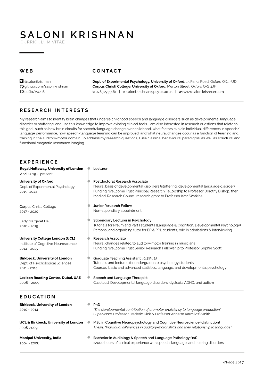 Saloni Krishnan Curriculum Vitae