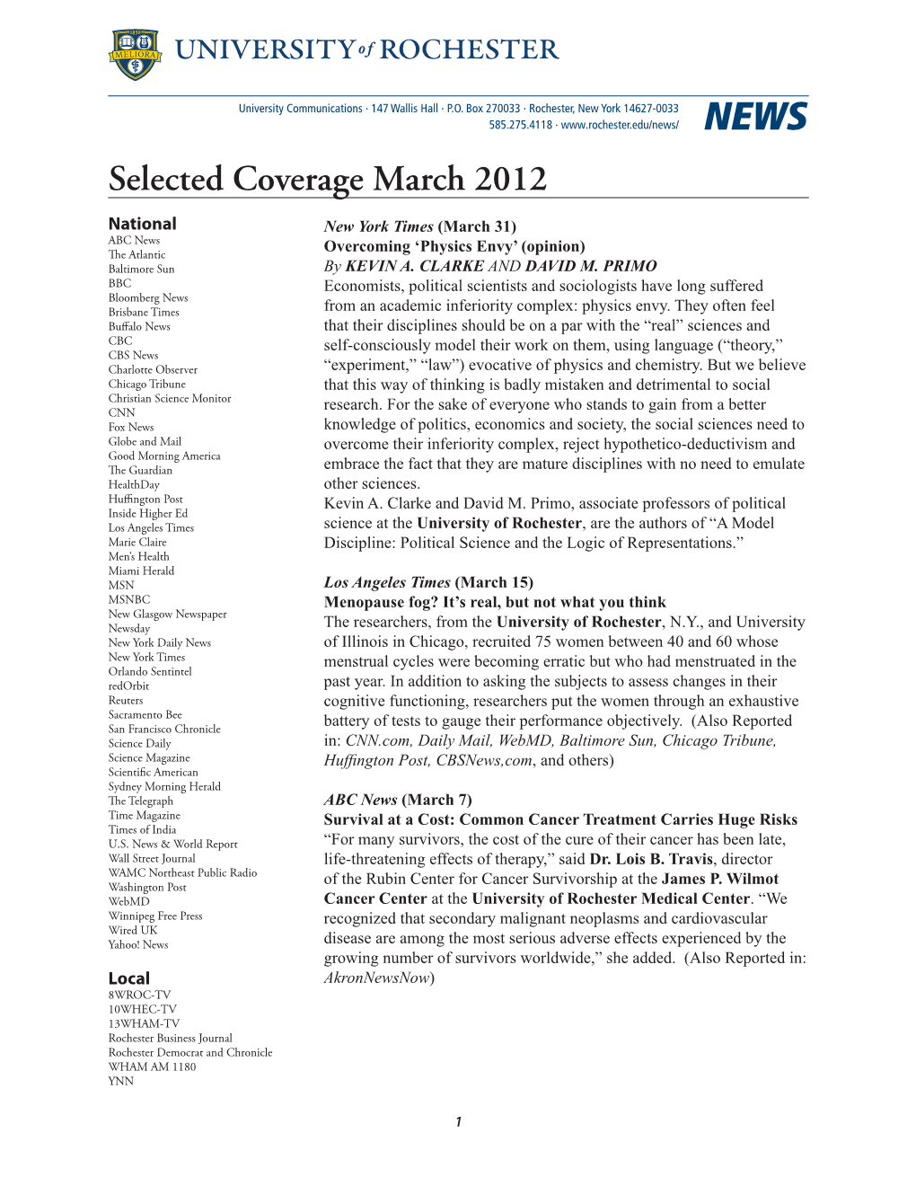 Selected Coverage March 2012