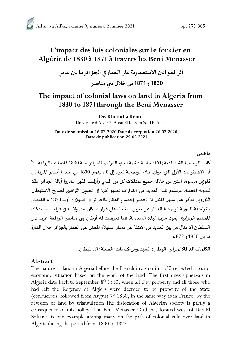 L'impact Des Lois Coloniales Sur Le Foncier En Algérie De 1830 À 1871 À