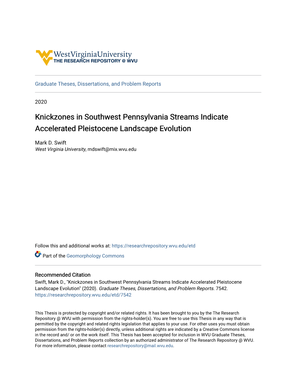 Knickzones in Southwest Pennsylvania Streams Indicate Accelerated Pleistocene Landscape Evolution