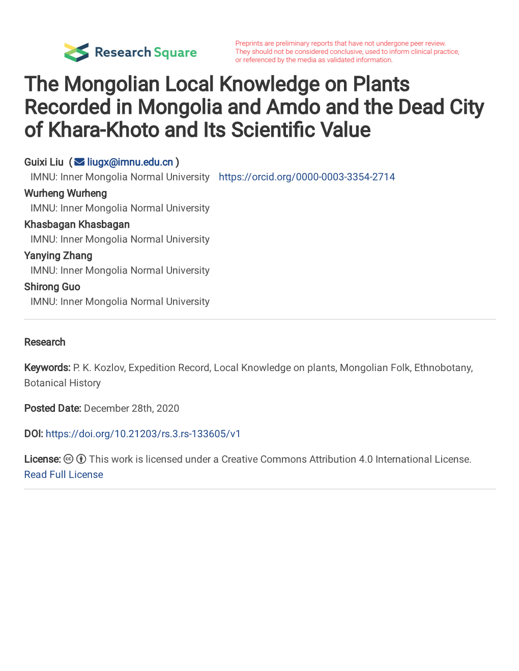 The Mongolian Local Knowledge on Plants Recorded in Mongolia and Amdo and the Dead City of Khara-Khoto and Its Scienti�C Value