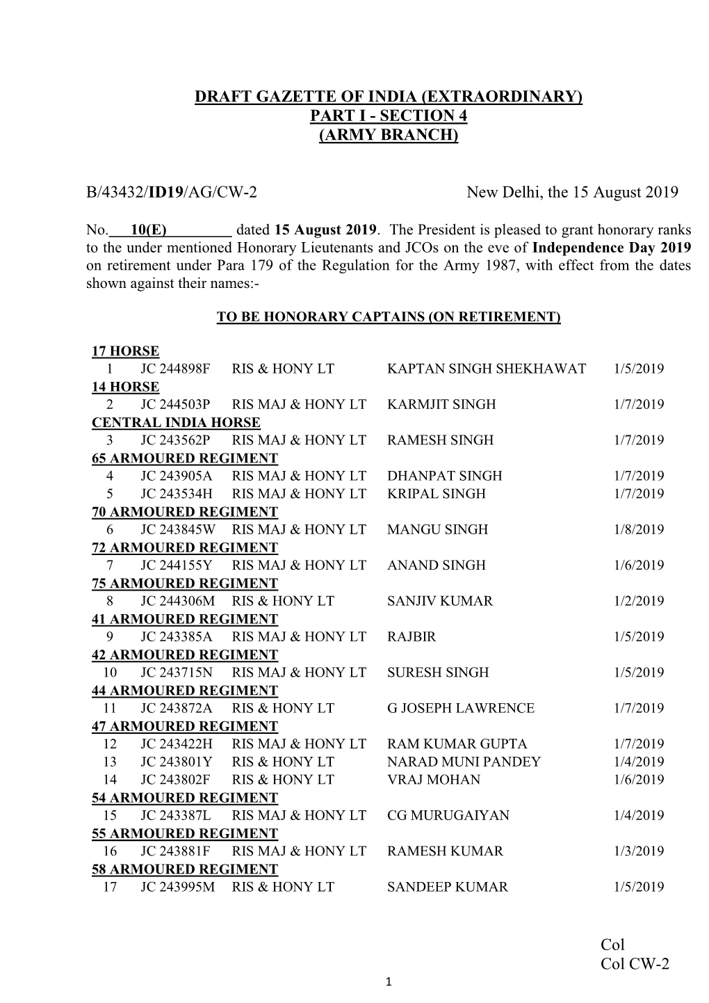 Col Col CW-2 DRAFT GAZETTE of INDIA (EXTRAORDINARY)