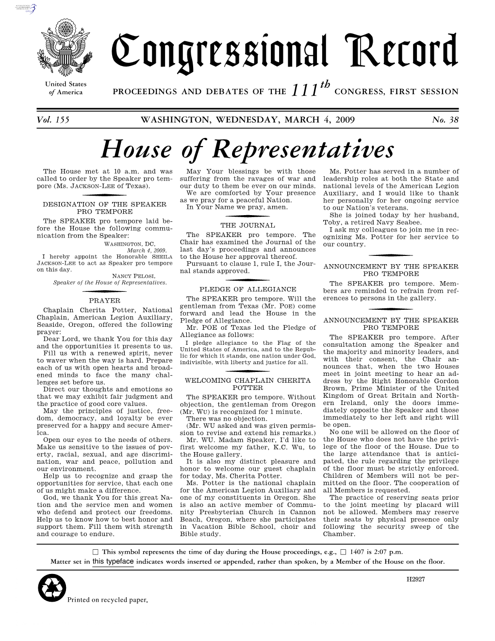 Congressional Record United States Th of America PROCEEDINGS and DEBATES of the 111 CONGRESS, FIRST SESSION