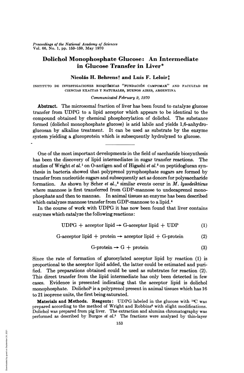 Dolichol Monophosphate Glucose: an Intermediate in Glucose Transfer in Liver* Nicolfis H