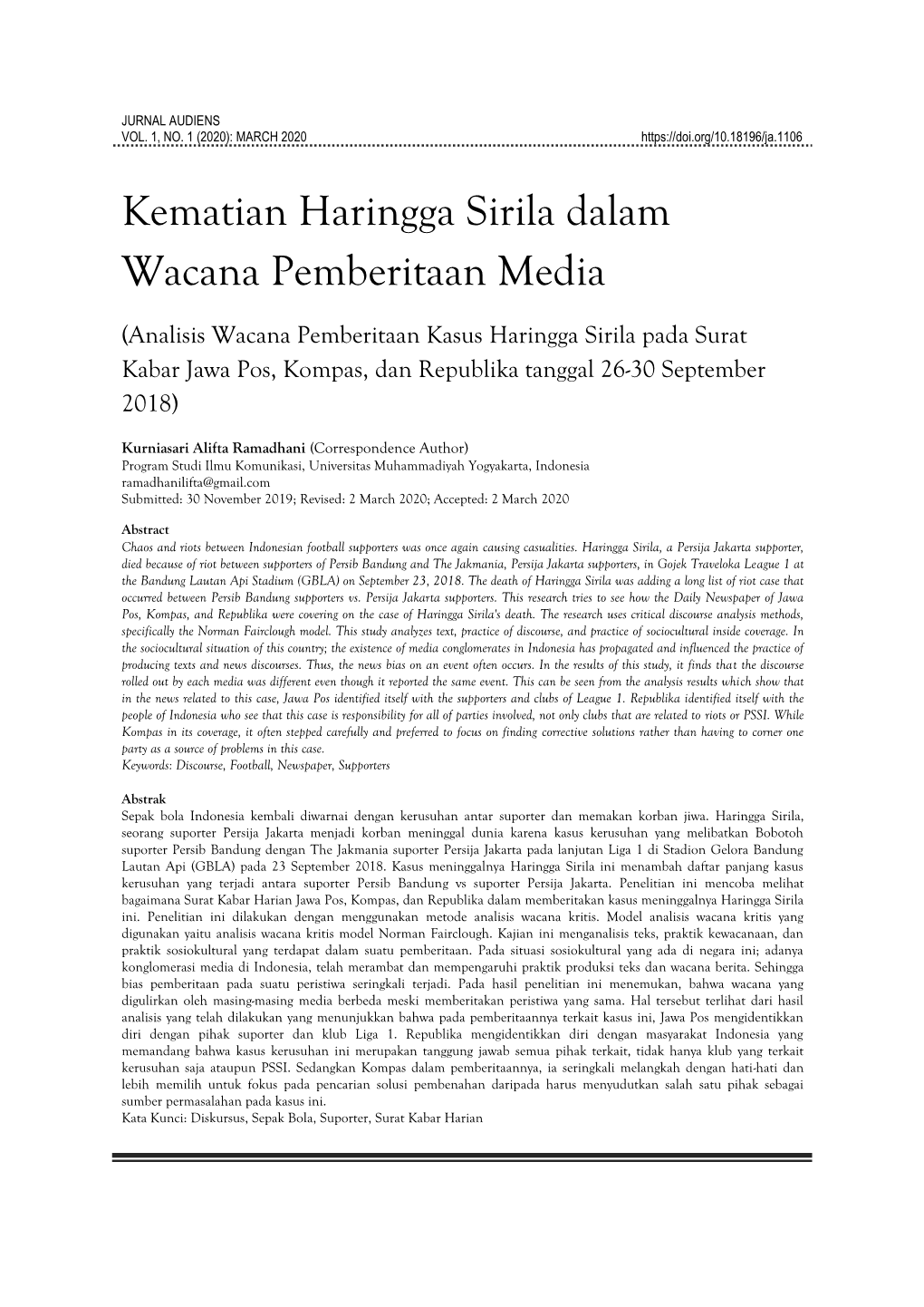 Kematian Haringga Sirila Dalam Wacana Pemberitaan Media