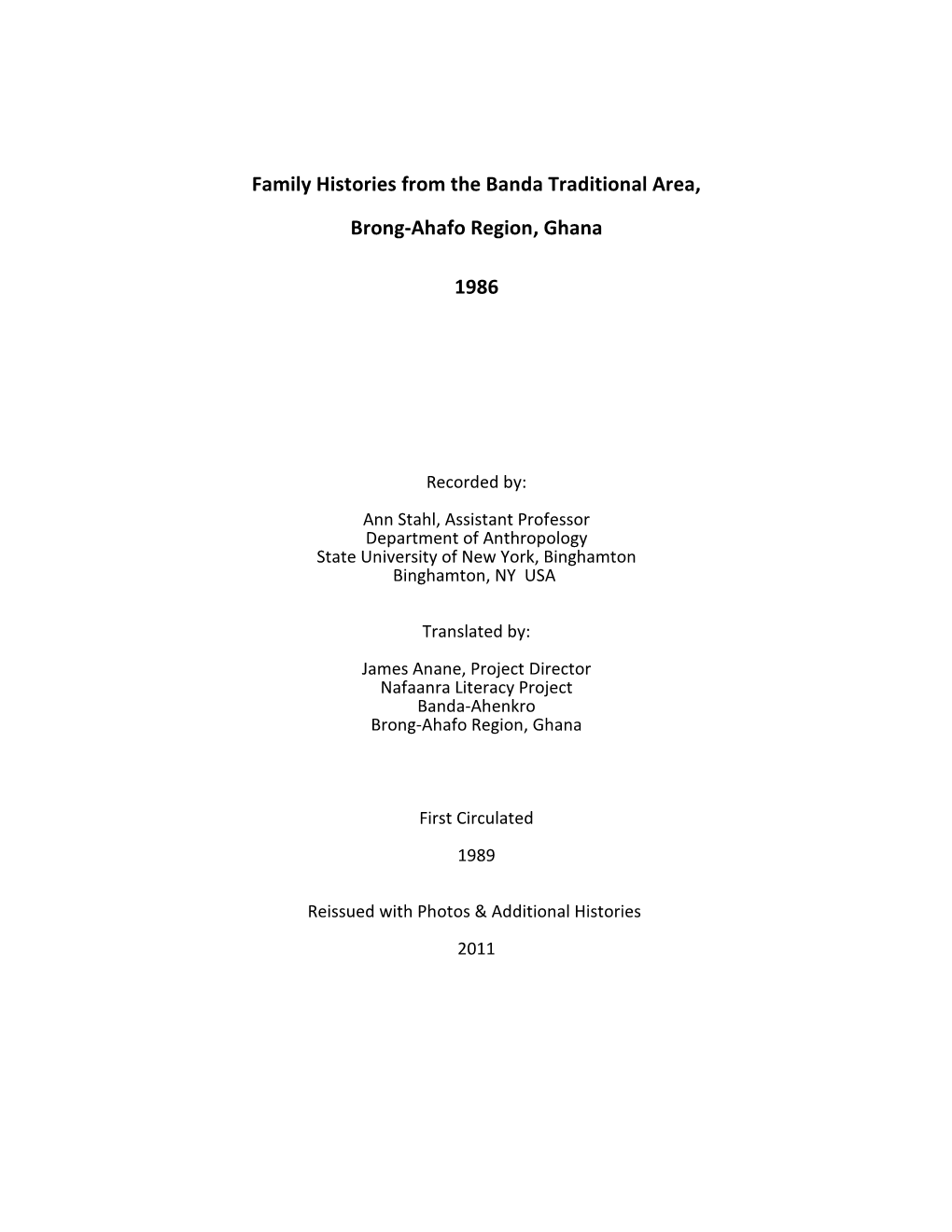 Family Histories from the Banda Traditional Area, Brong-Ahafo