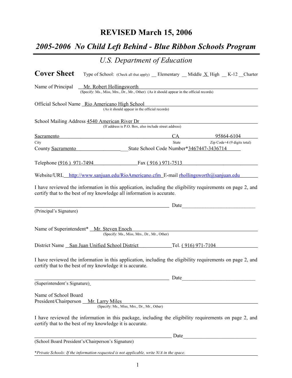 Application: 2005-2006, No Child Left Behind - Blue Ribbon Schools Program (Msword) s1