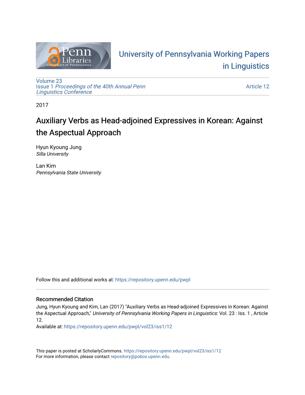 Auxiliary Verbs As Head-Adjoined Expressives in Korean: Against the Aspectual Approach