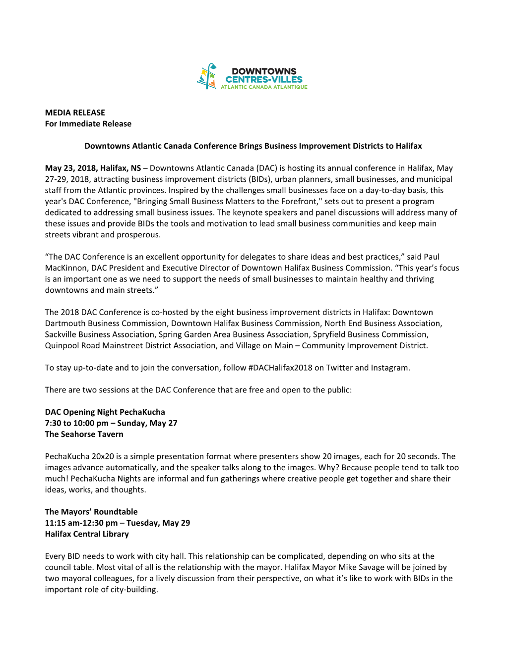 MEDIA RELEASE for Immediate Release Downtowns Atlantic