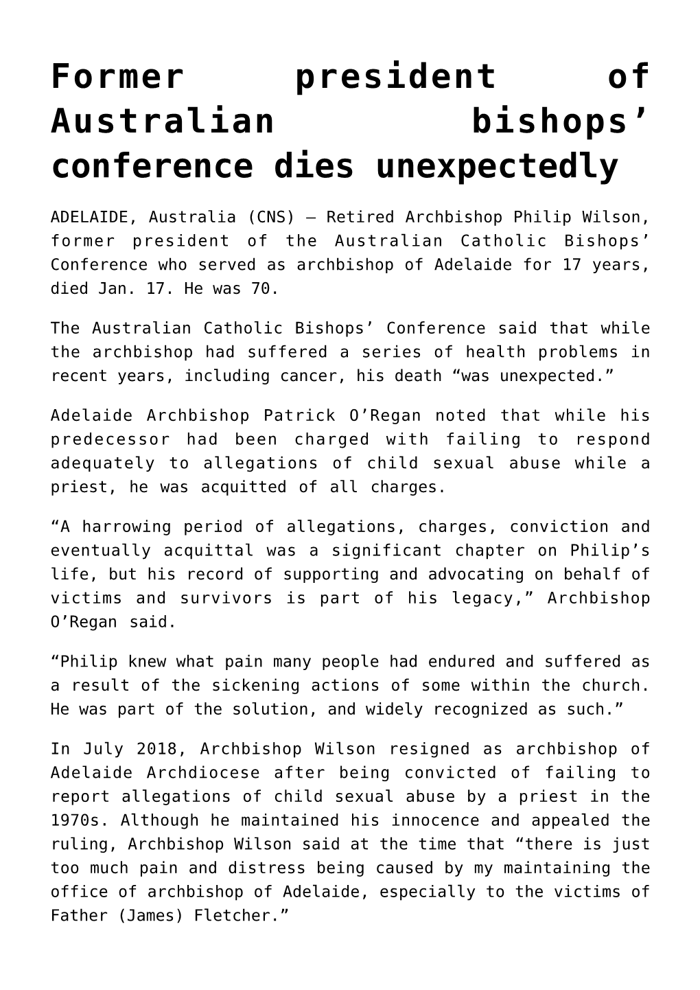 Former President of Australian Bishops&#8217; Conference Dies