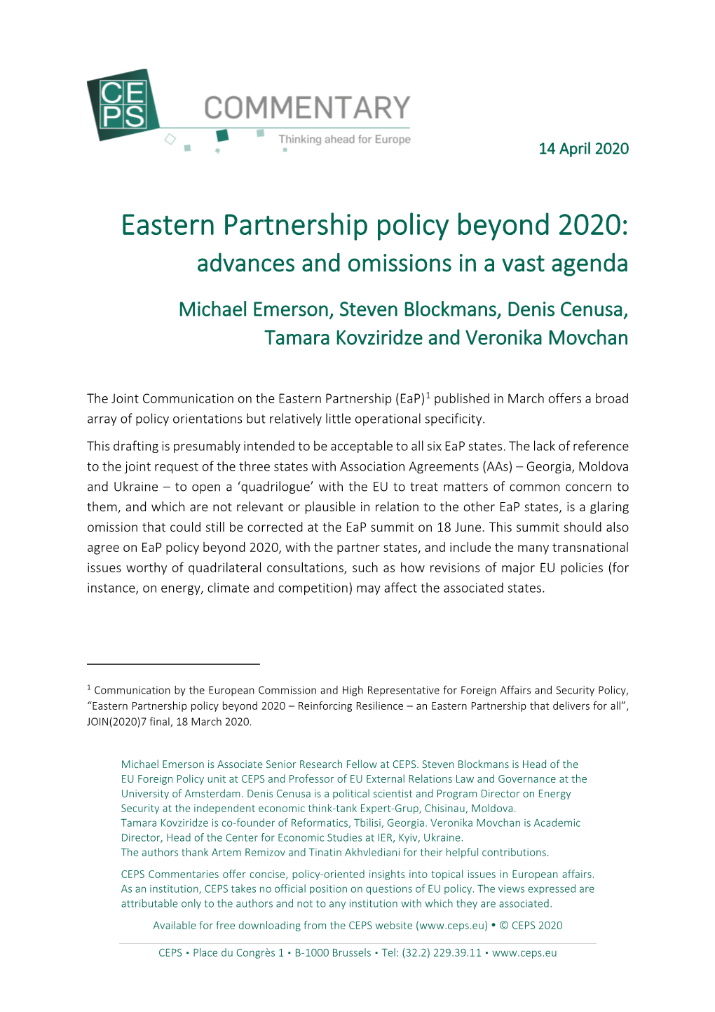 Eastern Partnership Policy Beyond 2020: Advances and Omissions in a Vast Agenda