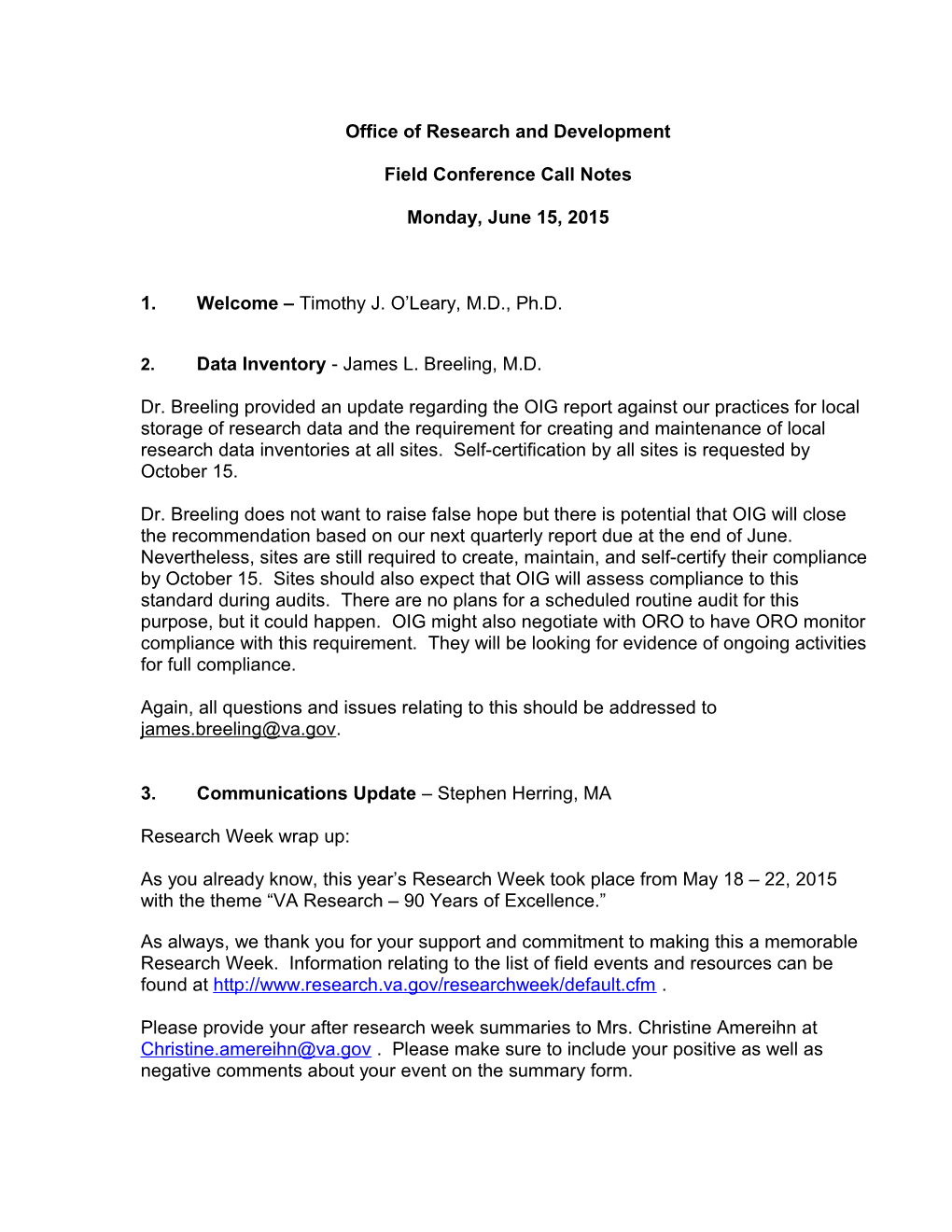 VA ORD Field Conference Call Notes for June 15, 2015