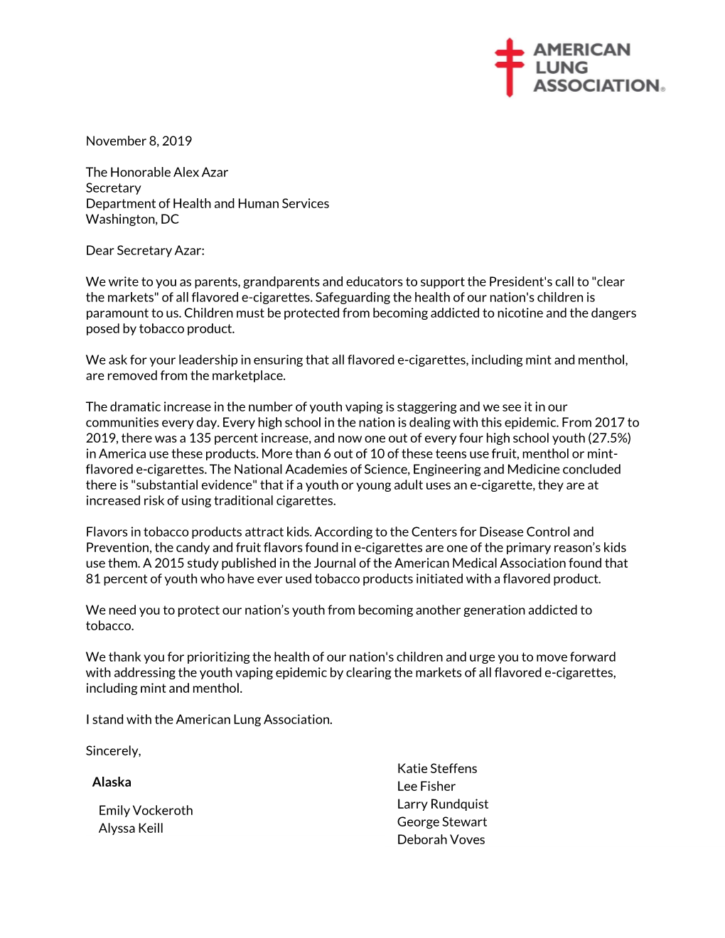 November 8, 2019 the Honorable Alex Azar Secretary Department of Health and Human Services Washington, DC Dear Secretary Azar: W