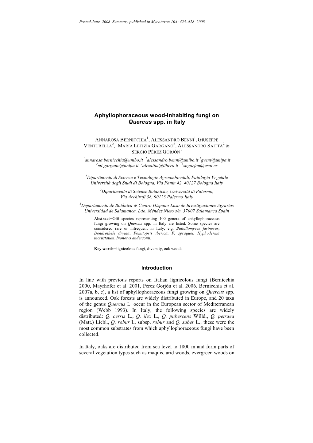 Aphyllophoraceous Wood-Inhabiting Fungi on Quercus Spp. in Italy