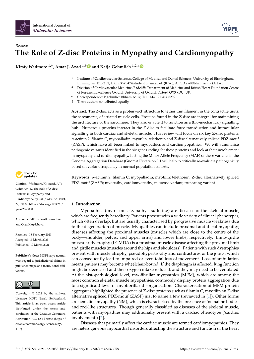 The Role of Z-Disc Proteins in Myopathy and Cardiomyopathy