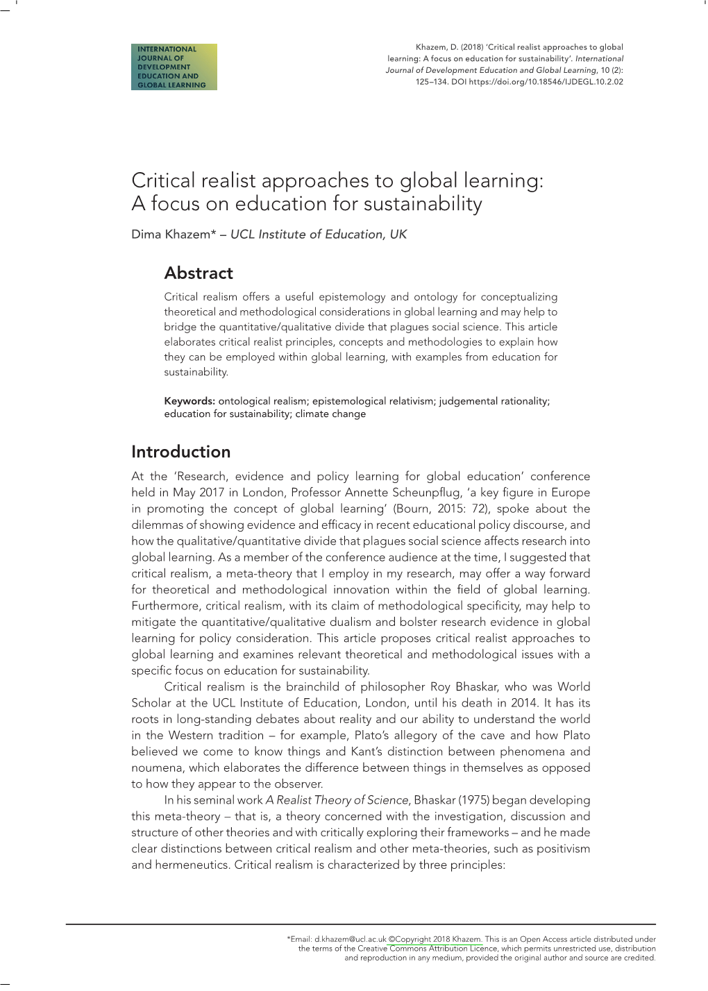 Critical Realist Approaches to Global Learning: a Focus on Education for Sustainability’