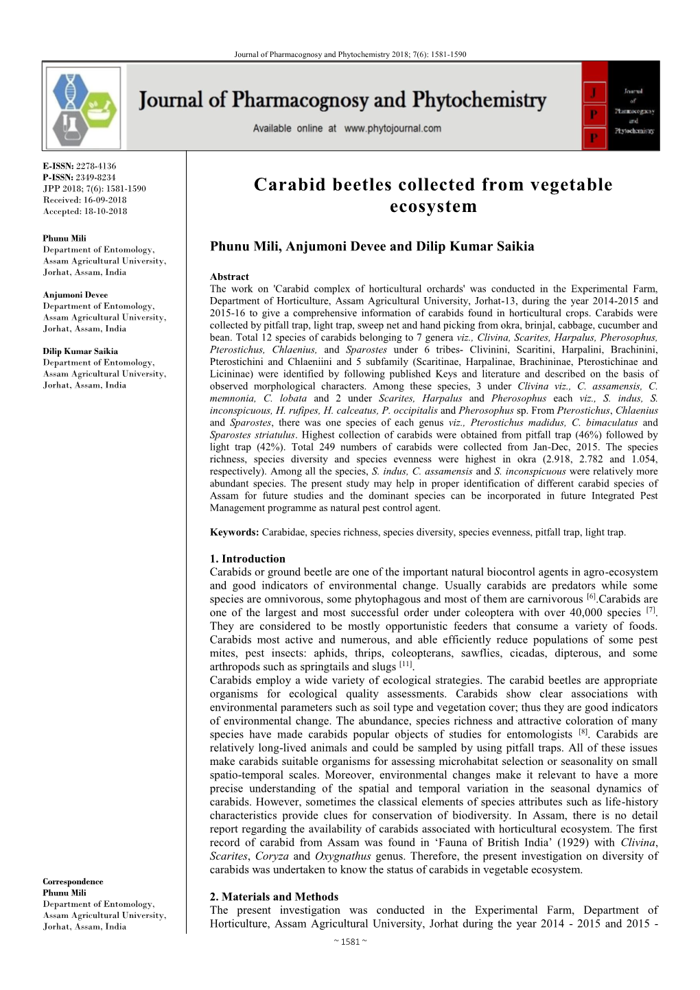 Carabid Beetles Collected from Vegetable Ecosystem