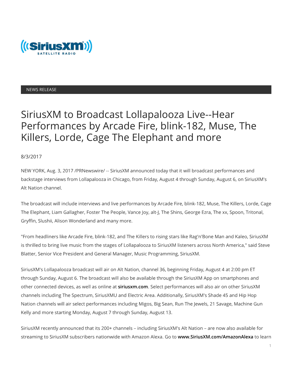 Siriusxm to Broadcast Lollapalooza Live--Hear Performances by Arcade Fire, Blink-182, Muse, the Killers, Lorde, Cage the Elephant and More