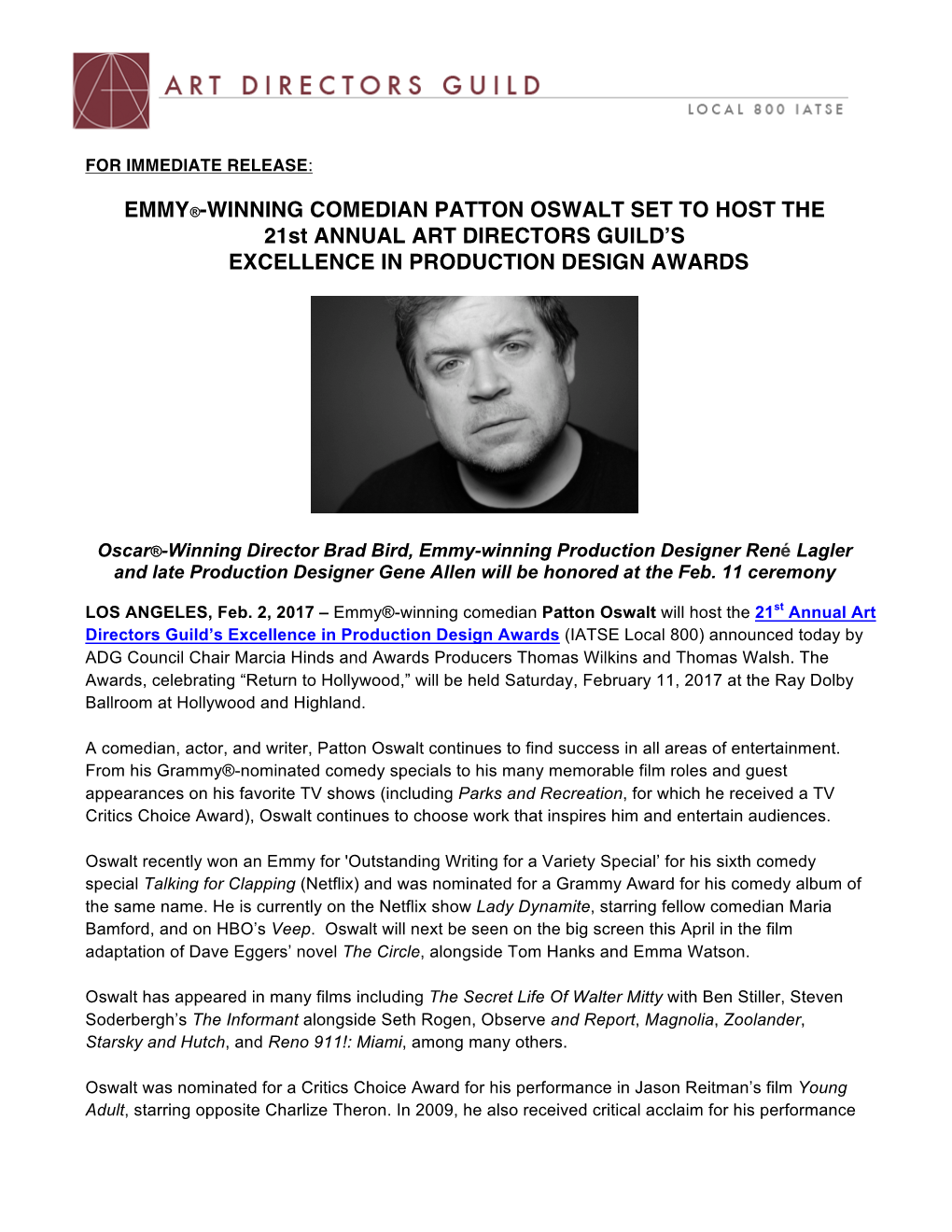EMMY®-WINNING COMEDIAN PATTON OSWALT SET to HOST the 21St ANNUAL ART DIRECTORS GUILD’S EXCELLENCE in PRODUCTION DESIGN AWARDS