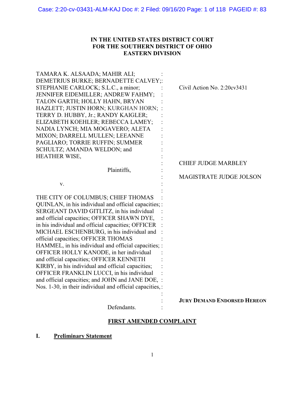 Case: 2:20-Cv-03431-ALM-KAJ Doc #: 2 Filed: 09/16/20 Page: 1 of 118 PAGEID #: 83