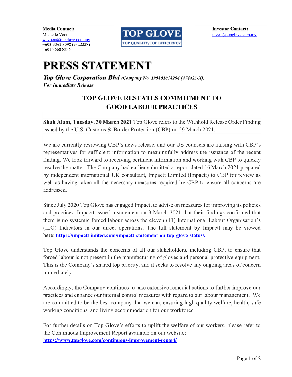 PRESS STATEMENT Top Glove Corporation Bhd (Company No