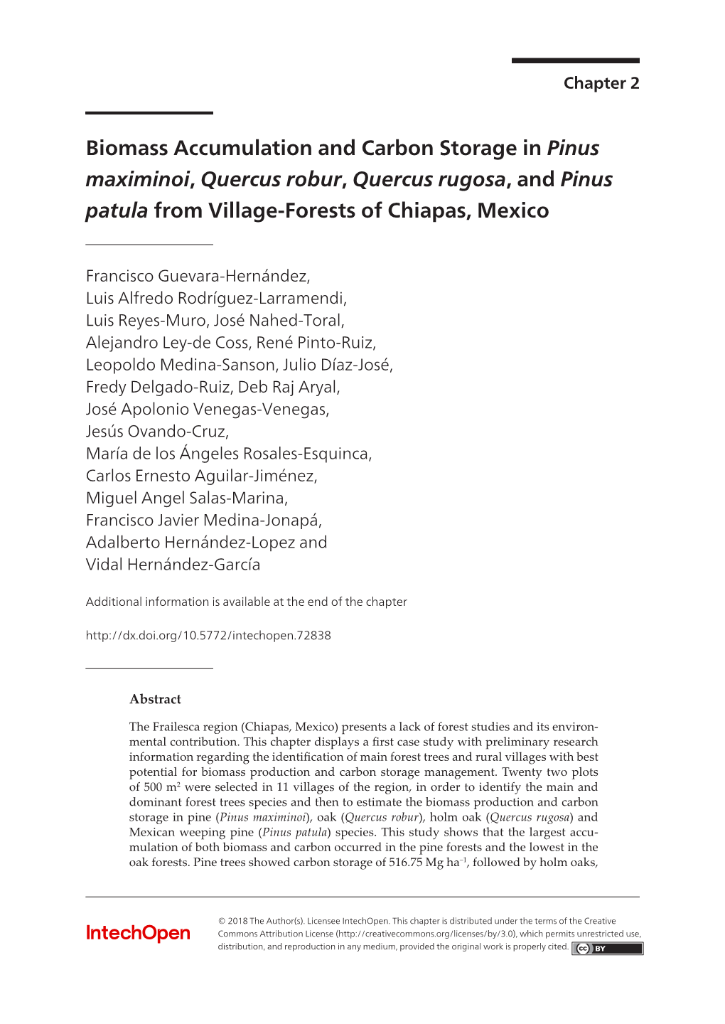 Biomass Accumulation and Carbon Storage in Pinus Maximinoi, Quercus Robur, Quercus Rugosa, and Pinus Patula from Village-Forests of Chiapas, Mexico