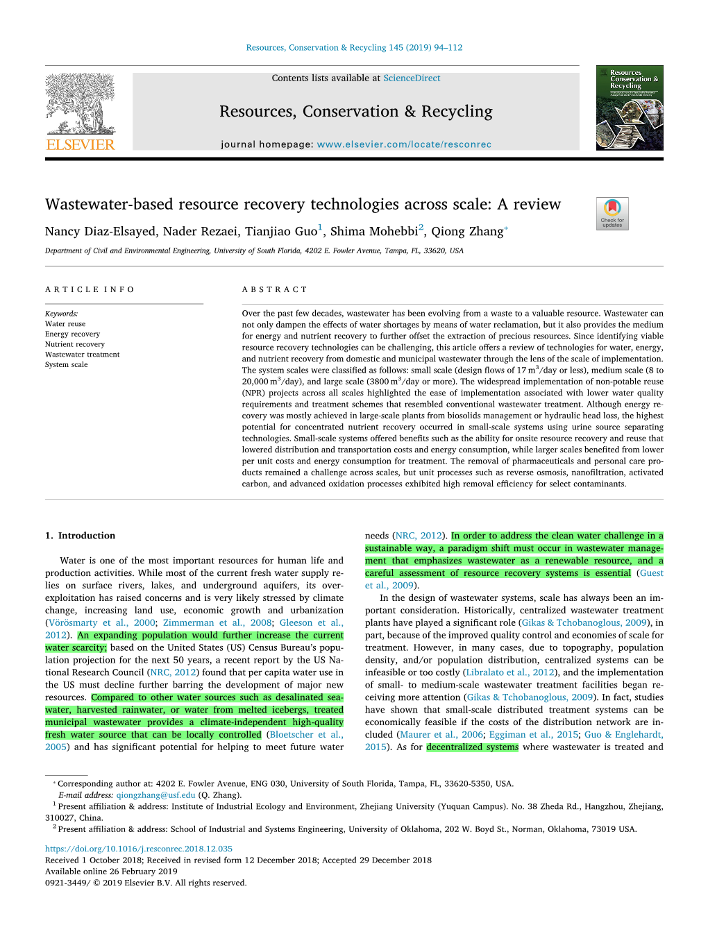 Wastewater-Based Resource Recovery Technologies Across Scale a Review