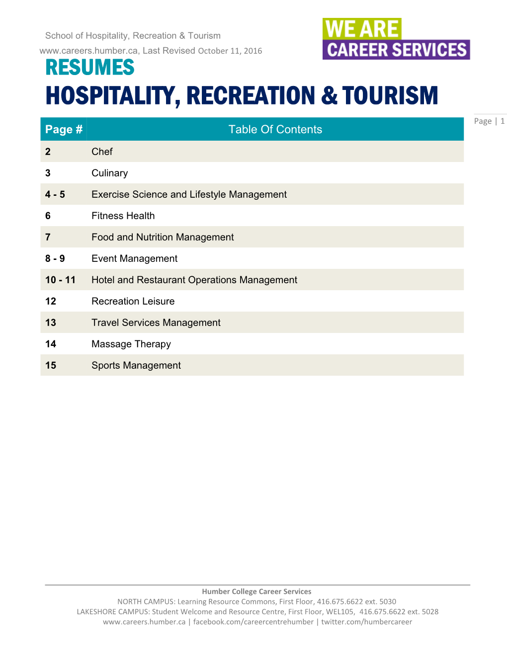 RESUMES HOSPITALITY, RECREATION & TOURISM Page | 1 Page # Table of Contents