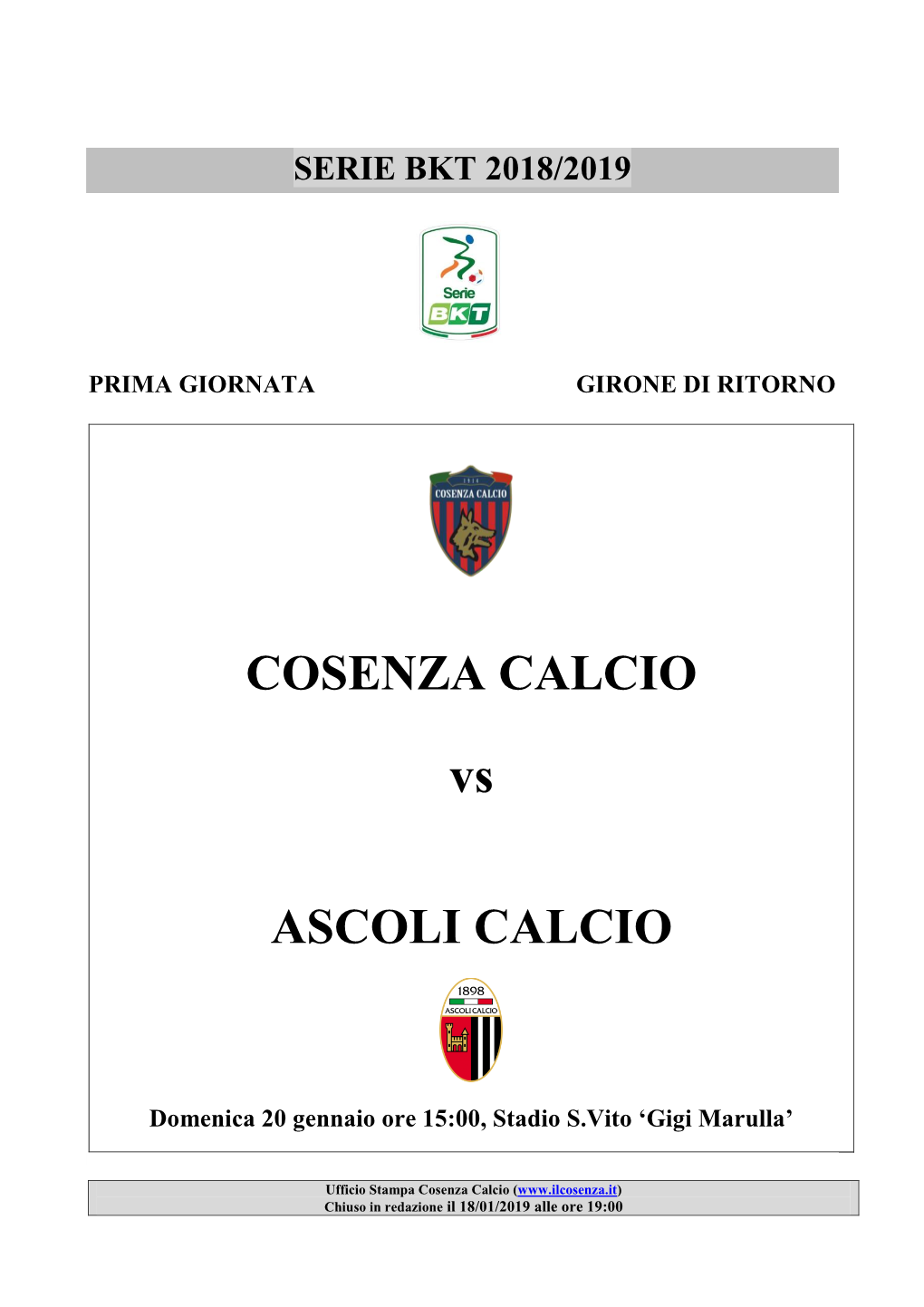 COSENZA CALCIO Vs ASCOLI CALCIO