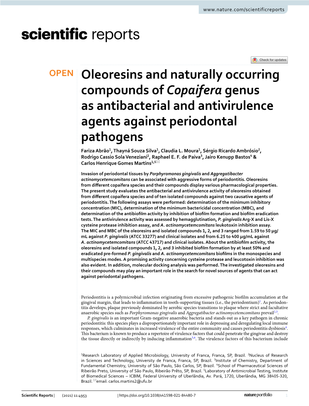 Oleoresins and Naturally Occurring Compounds of Copaifera Genus As