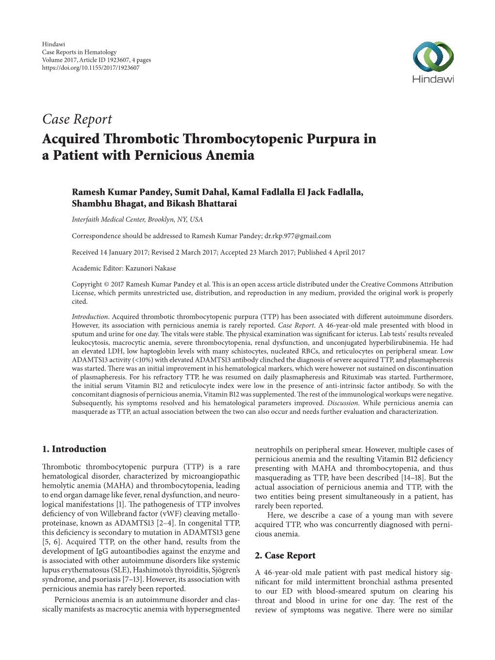 Acquired Thrombotic Thrombocytopenic Purpura in a Patient with Pernicious Anemia