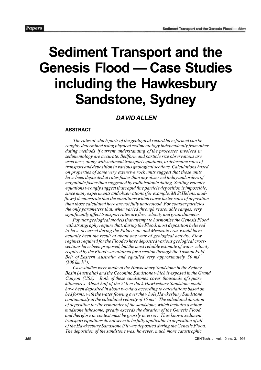 Sediment Transport and the Genesis Flood — Case Studies Including the Hawkesbury Sandstone, Sydney